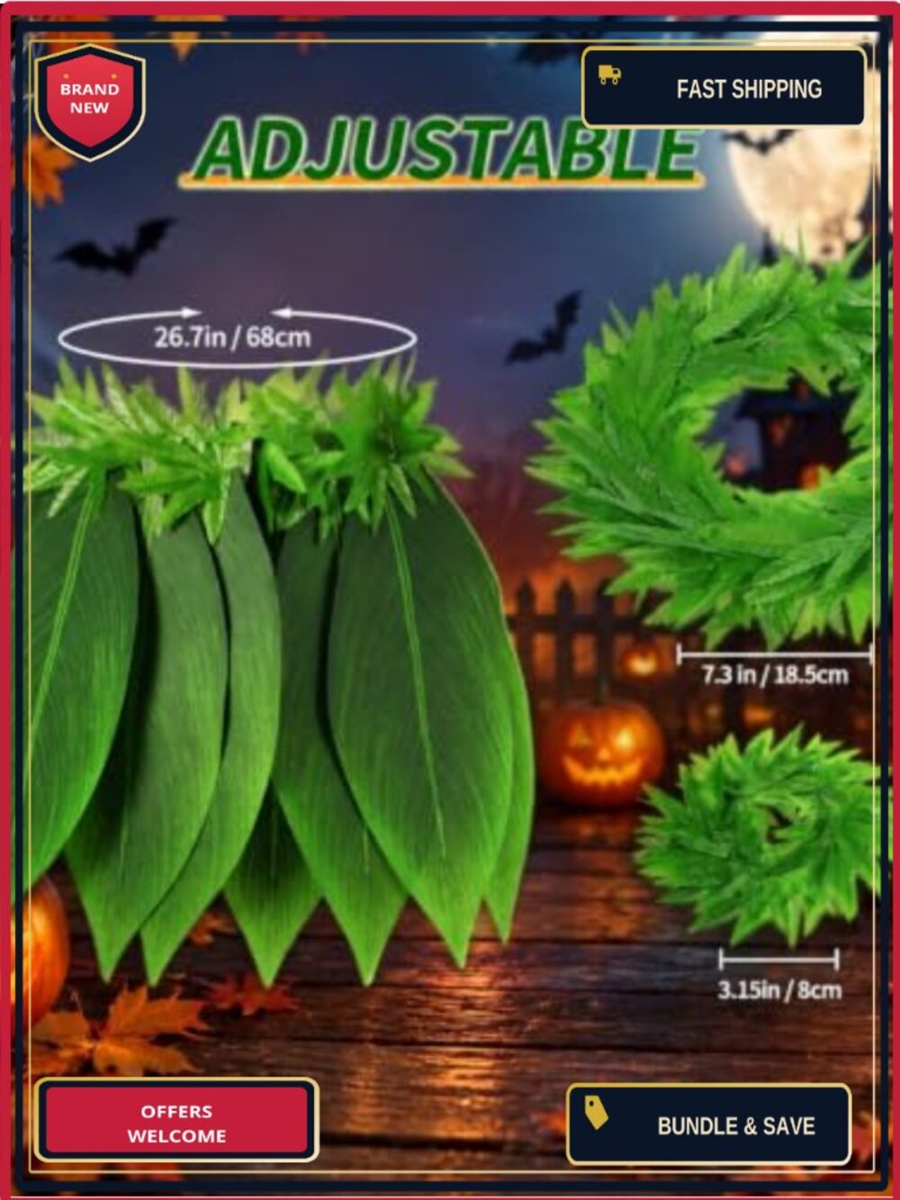 Leaf Skirt Halloween Costume Set Headband Wristlets Tropical Luau Cosplay